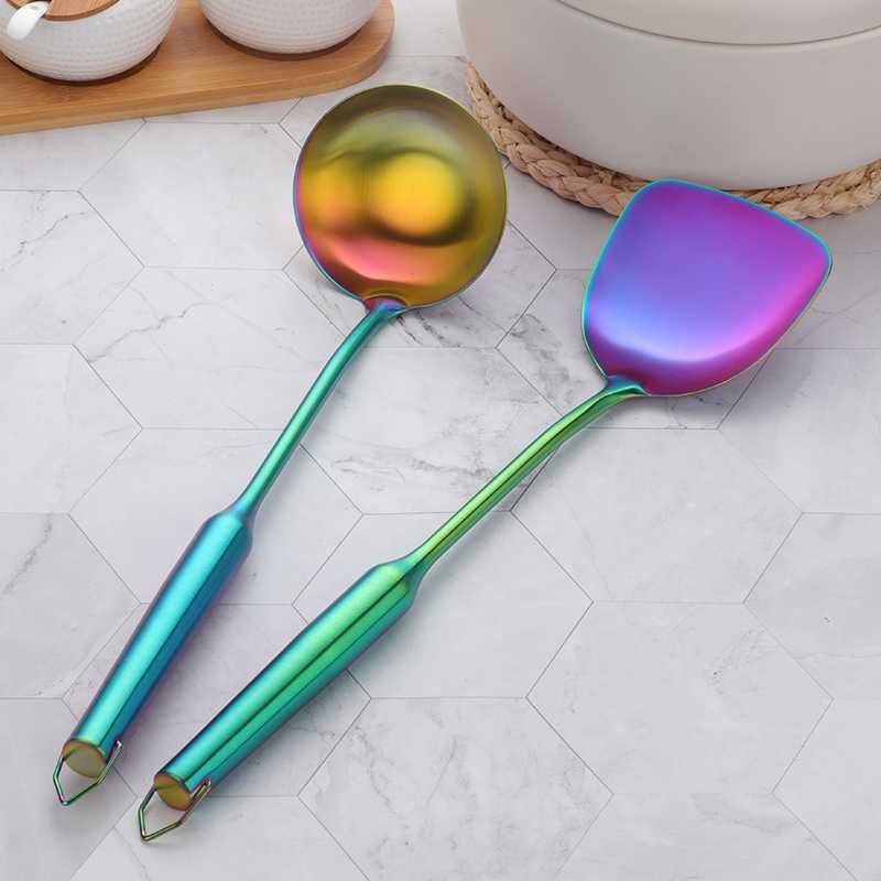 Stainless Steel Household Kitchen Utensil Set with Long-Handle Spatula and Spoon