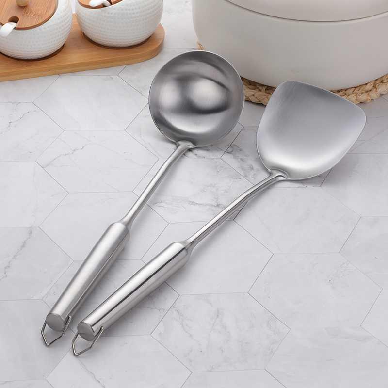 Stainless Steel Household Kitchen Utensil Set with Long-Handle Spatula and Spoon